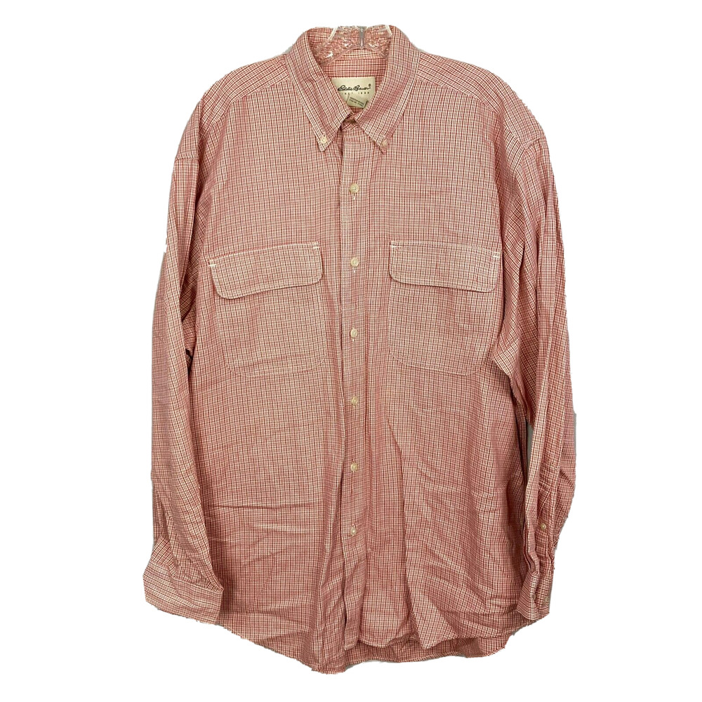 Eddie Bauer‎ Shirt Mens Sz M Red Ivory White Cotton Plaid Long Sleeve Button Up